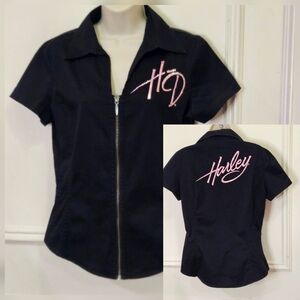 Motor Harley Davidson Black/Pink Rhinestone Front Zip Short Sleeve Shirt,Medium